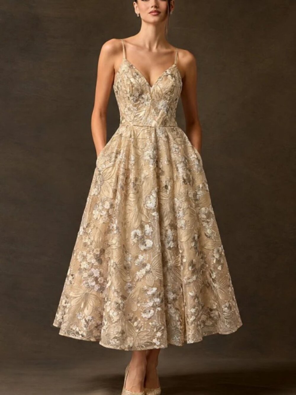 T LENGTH GOLD FORMAL MOTHER OF THE BRIDE GROOM DRESS.EVENING PARTY FLORAL SEQUIN